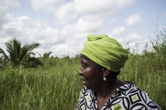 A woman stands in the profile position in a field of green plants on a sunny day with a clear blue sky